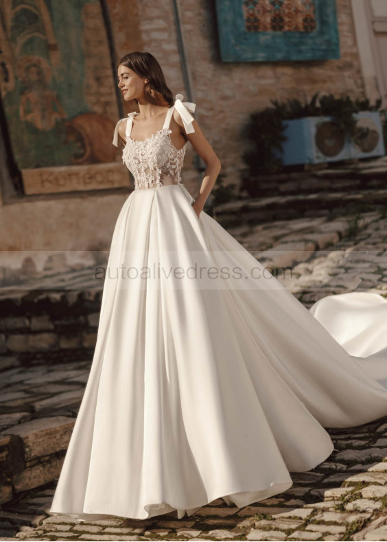 Tie Straps Ivory Lace Satin Pretty Wedding Dress